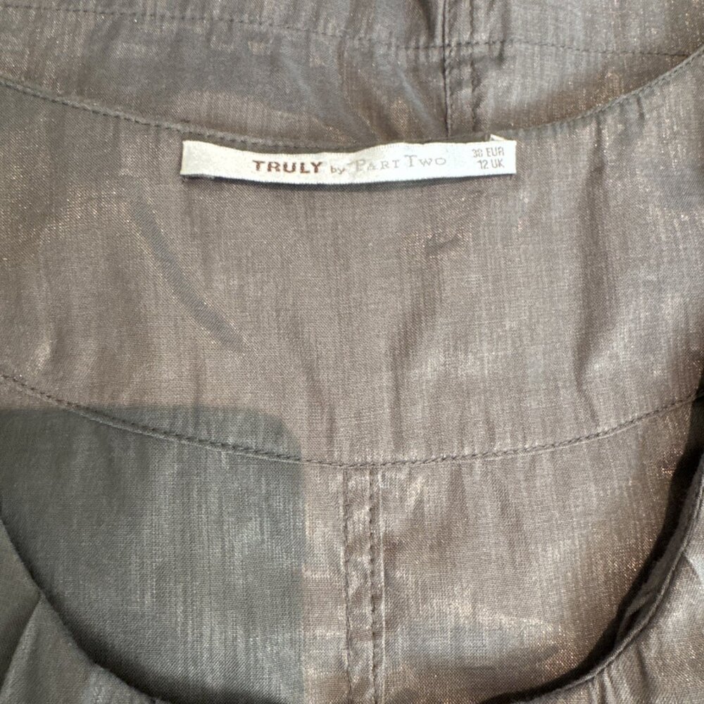 Truly By Part‎ Two Dress size12 Gray/Gold shiny Cotton peasant  Mini Pocket Zip - Picture 14 of 15